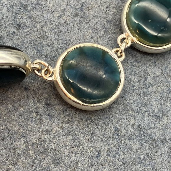 Teal Silver Bezeled Necklace As Is Dark Blue Round Chain Graduated Retro BoHo - Picture 8 of 8